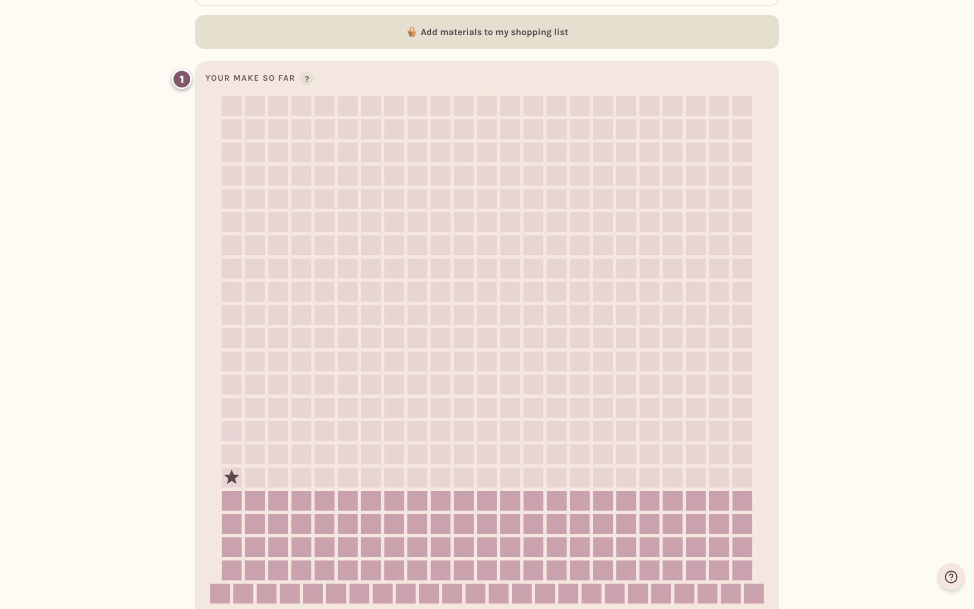 Your make so far, marked 1: a rectangle of squares with the first rows filled in and a star at the next stitch (on a computer)