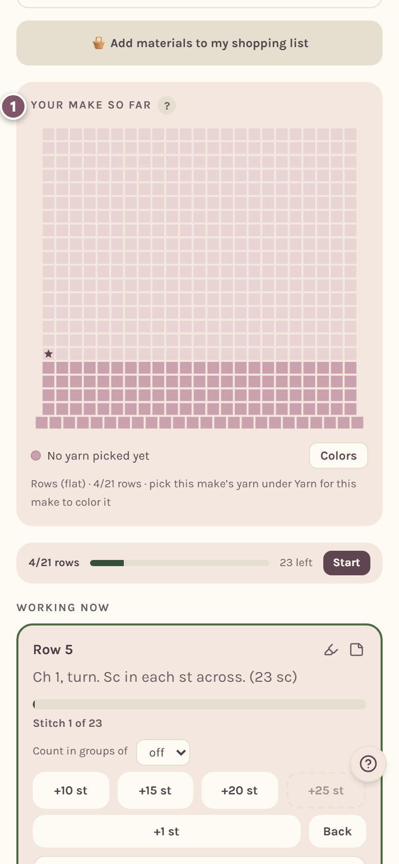 Your make so far, marked 1: a rectangle of squares with the first rows filled in and a star at the next stitch (on a phone)