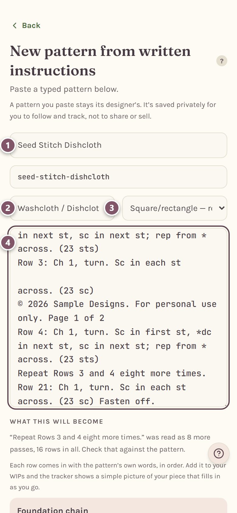 The paste page: 1 the pattern title, 2 the project type, 3 the shape, 4 the box holding the pasted pattern (on a phone)