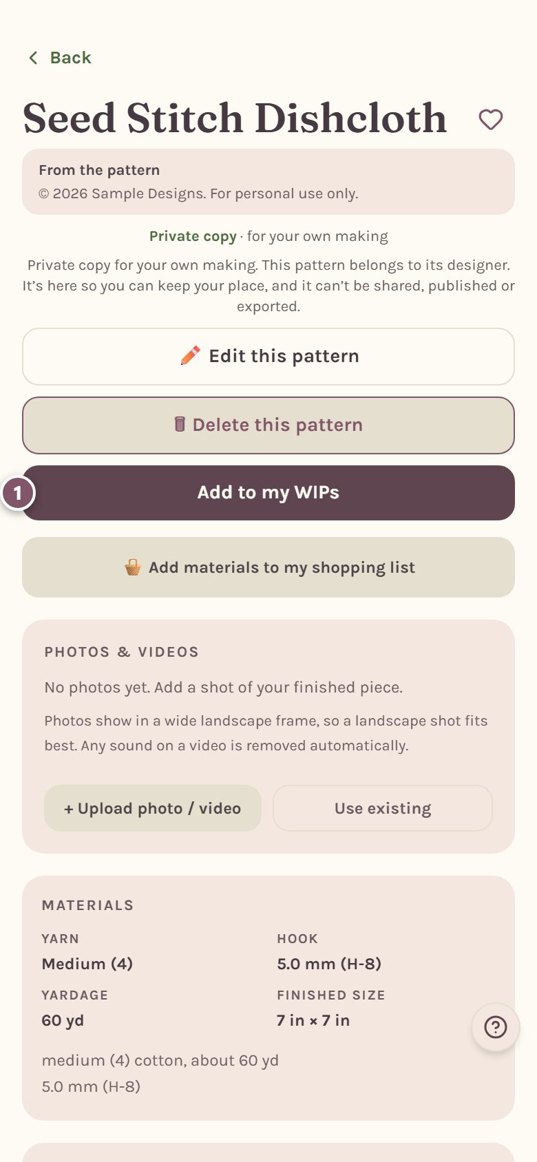 The pattern page, marked Private copy · for your own making, with Add to my WIPs marked 1 (on a phone)