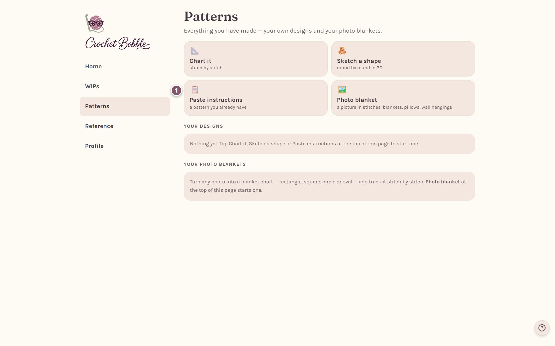 The Patterns tab with the Paste instructions box marked 1 (on a computer)