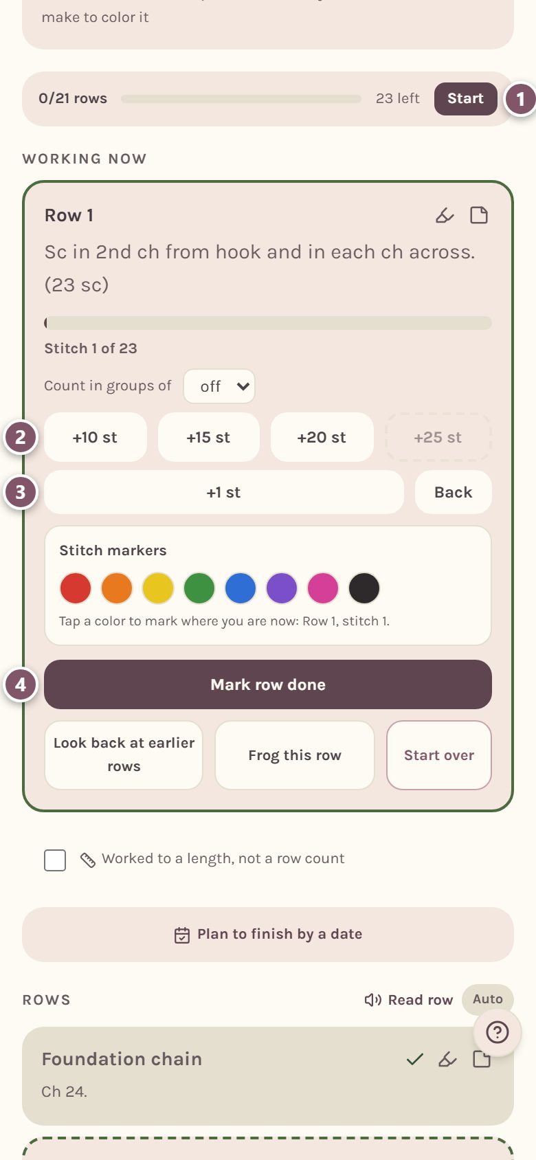 Working now on Row 1: 1 Start for the WIP timer, 2 +10 st, 3 +1 st, 4 Mark row done (on a phone)