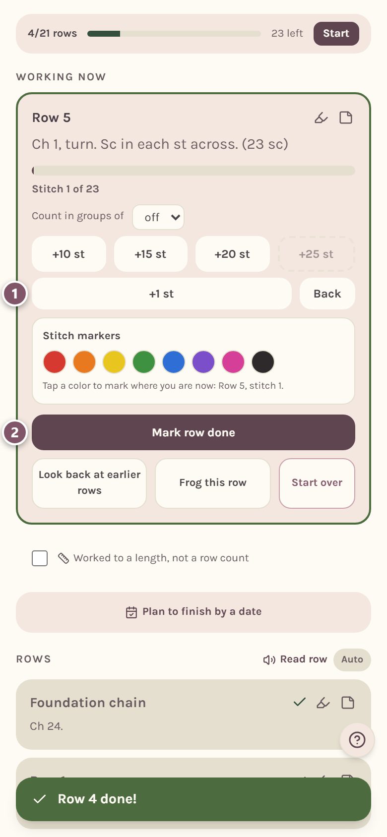 Working now on Row 5, a repeat of Row 3: 1 +1 st, 2 Mark row done (on a phone)