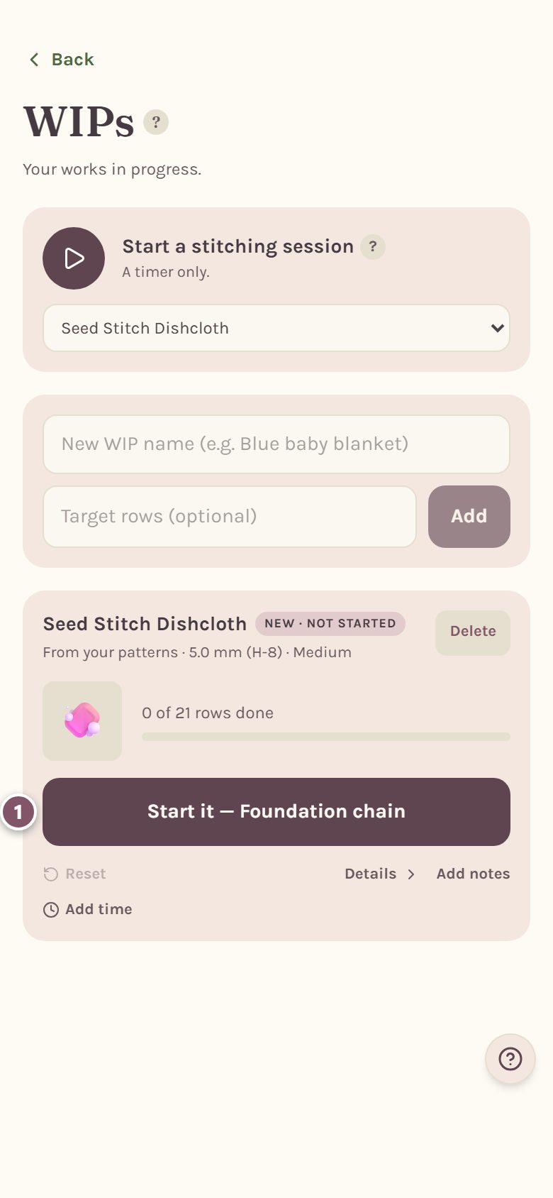 The pattern's card on the WIPs page, with Start it — Foundation chain marked 1 (on a phone)