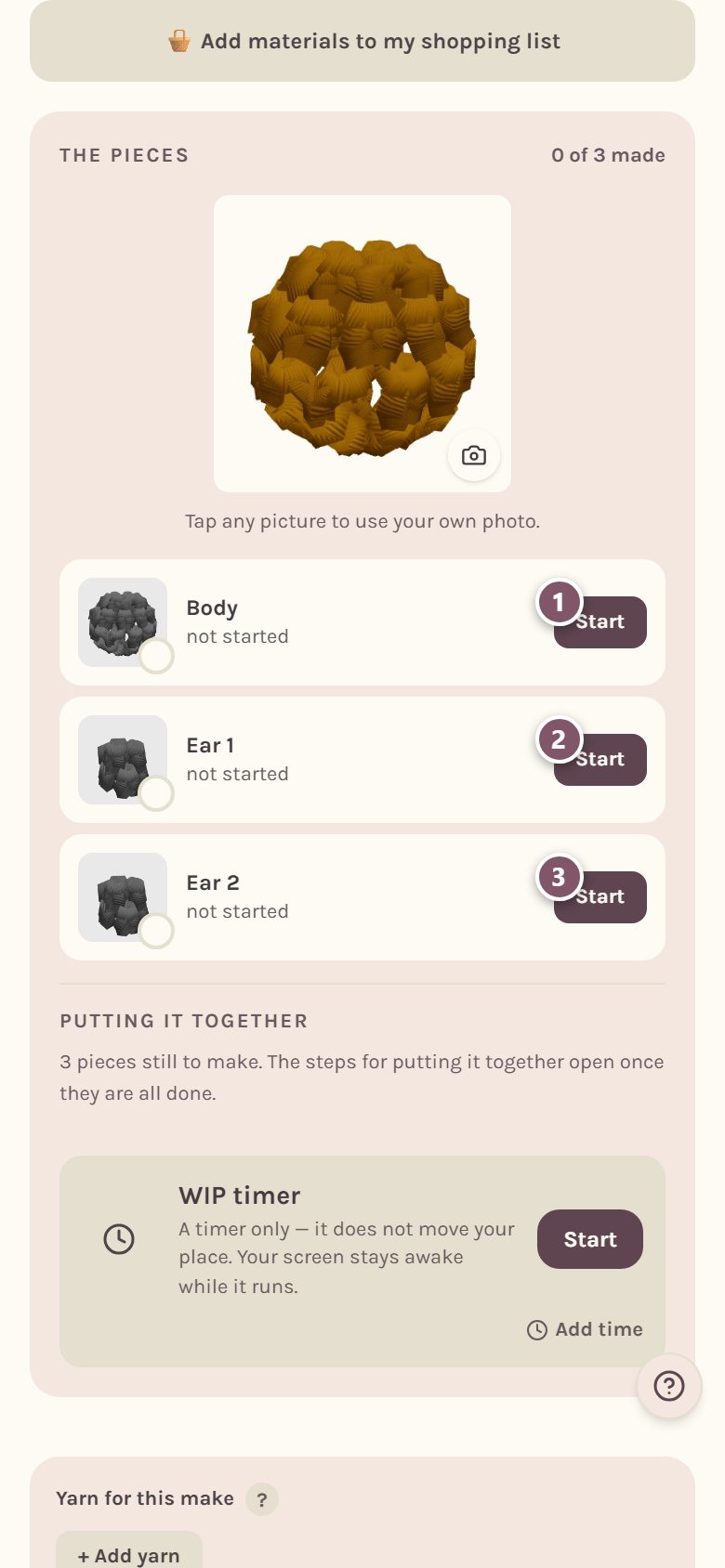 The pieces map: 1 is Start Body, 2 is Start Ear 1, 3 is Start Ear 2 (on a phone)