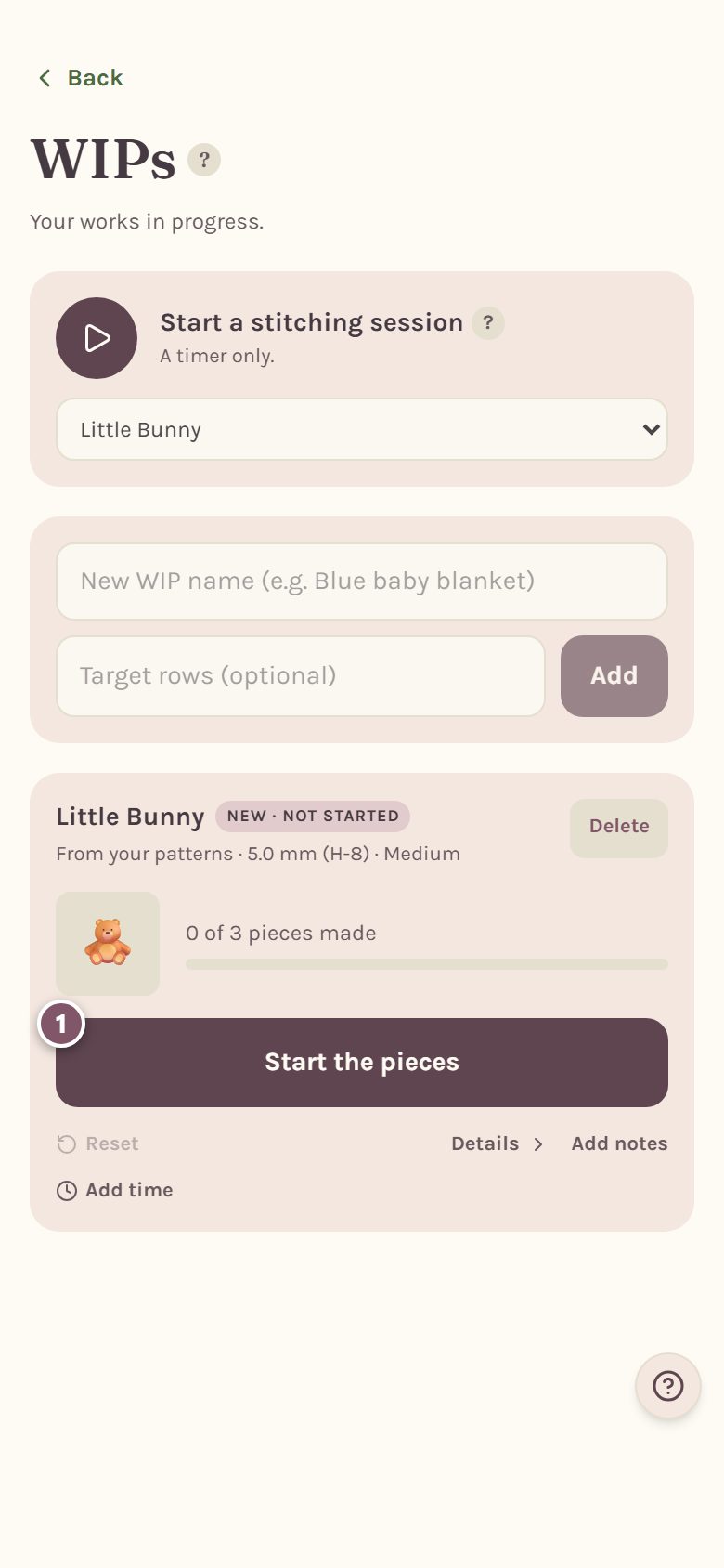 The toy's card on the WIPs page, with Start the pieces marked 1 (on a phone)