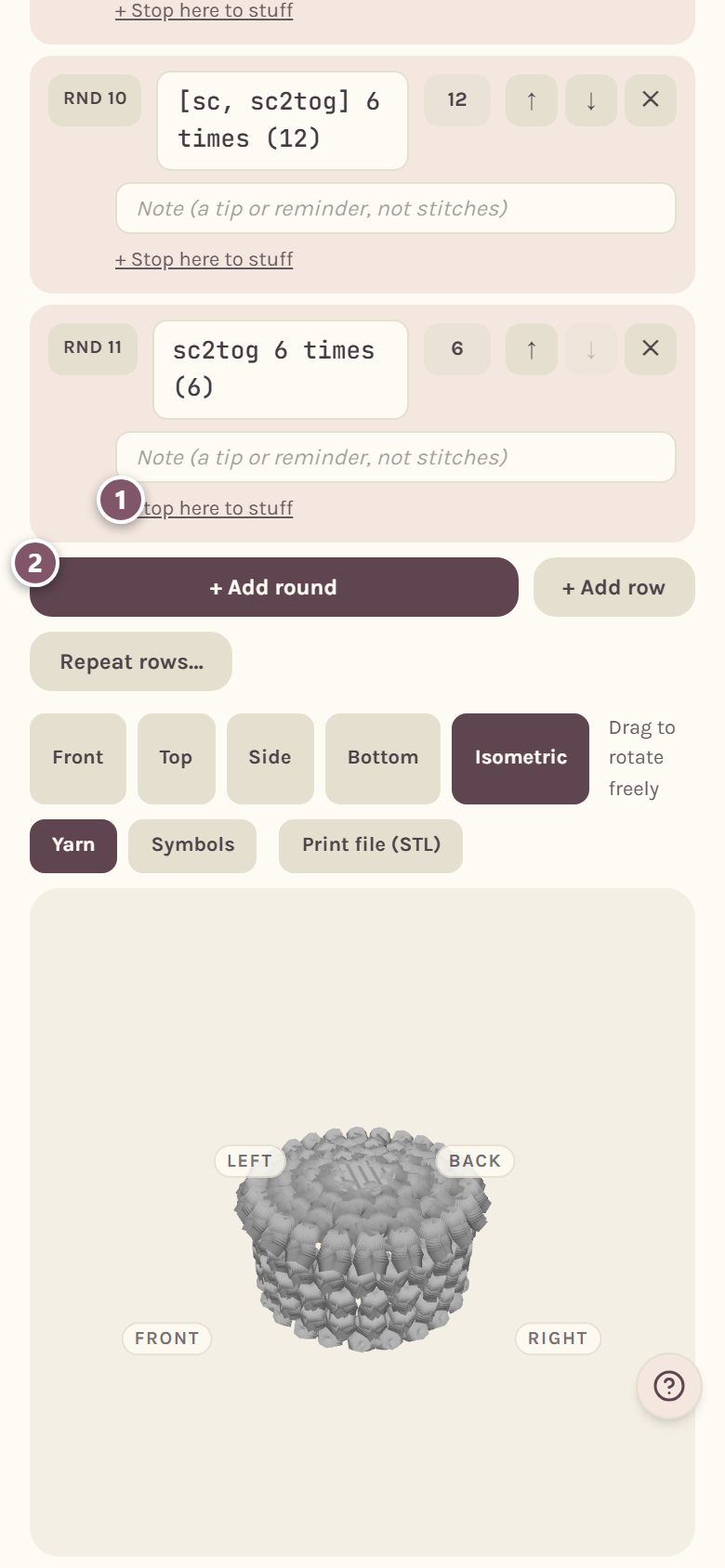 Under the rounds: 1 + Stop here to stuff, 2 + Add round (on a phone)