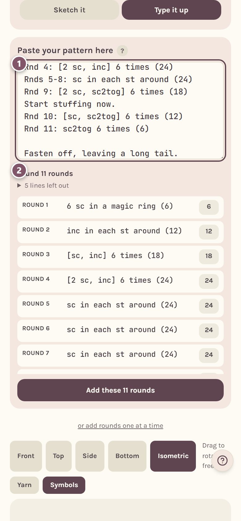 The paste box holding a pattern: 1 the pasted text, 2 how many rounds it found (on a phone)