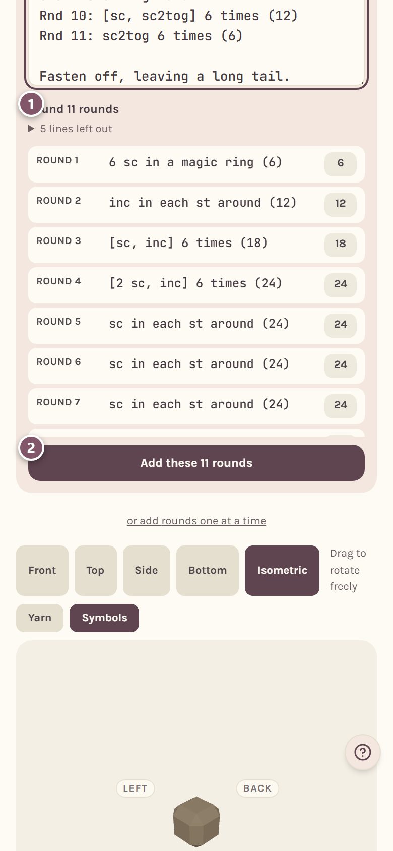 The preview of the rounds found: 1 the list of rounds with their counts, 2 Add these rounds (on a phone)