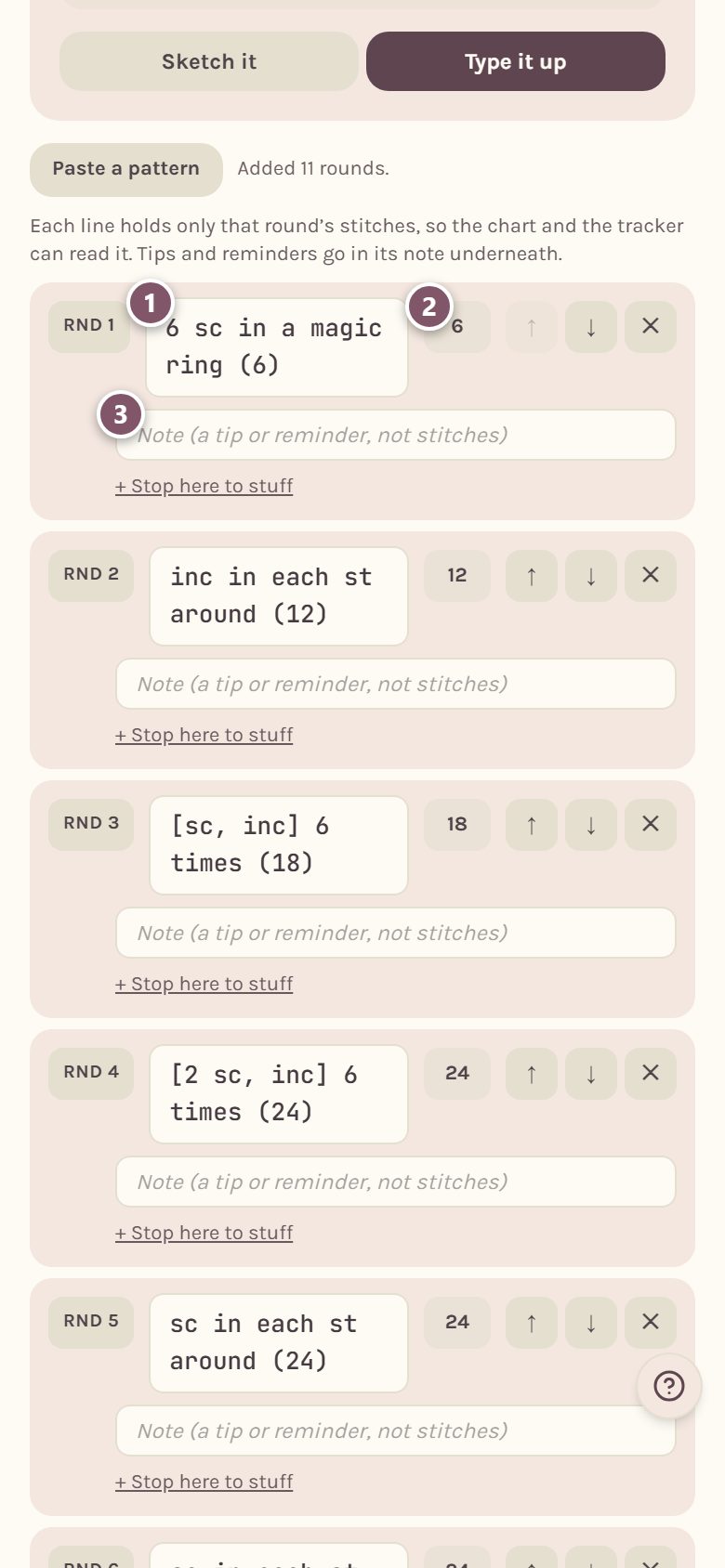 The typed rounds: 1 a round's words, 2 the stitch count it ends with, 3 its note (on a phone)