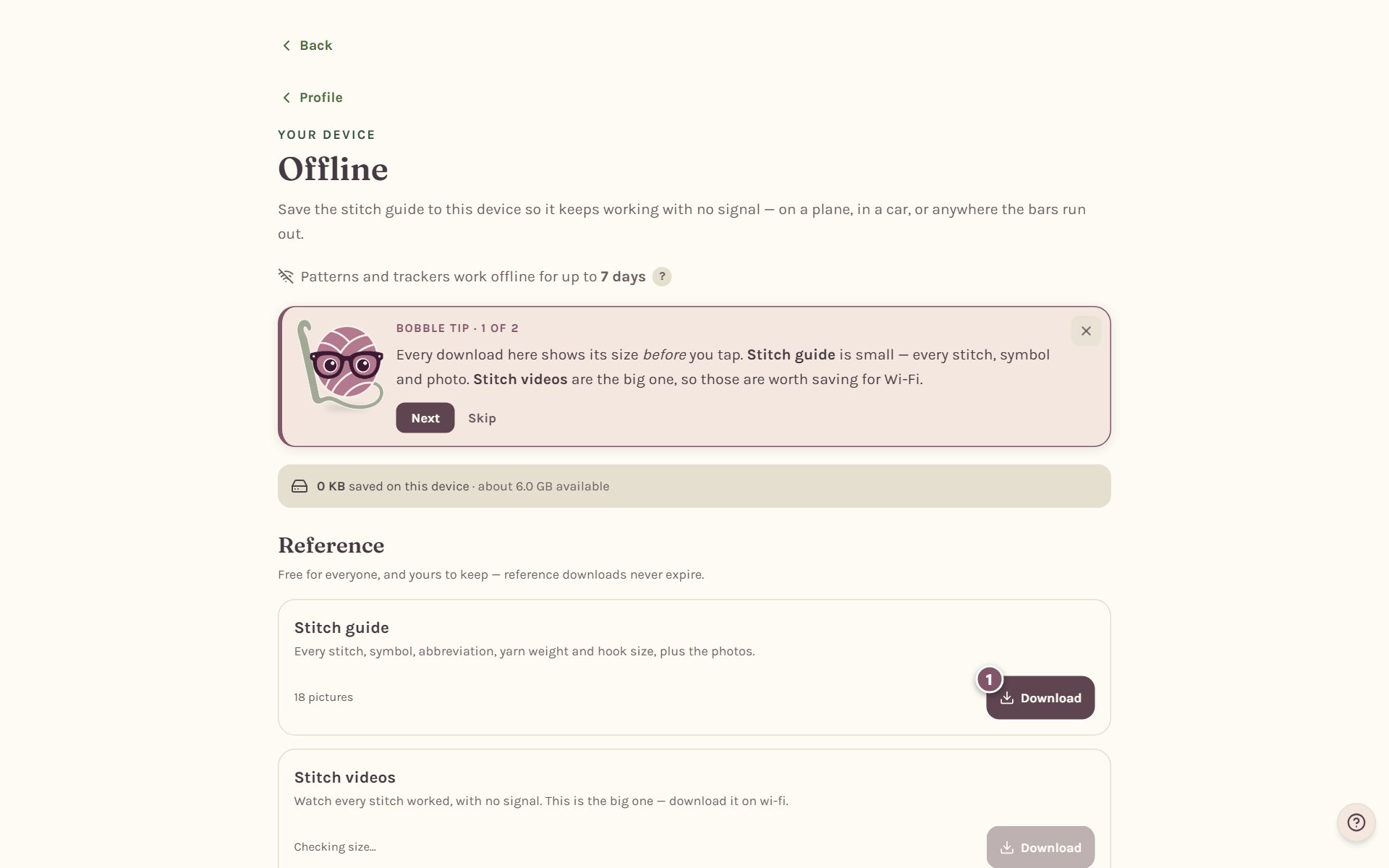 The Offline page, with the Download button for the stitch guide marked 1 (on a computer)