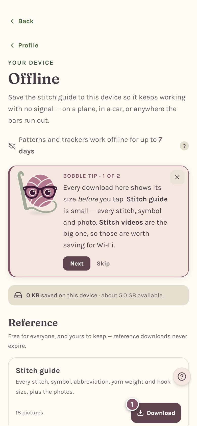 The Offline page, with the Download button for the stitch guide marked 1 (on a phone)