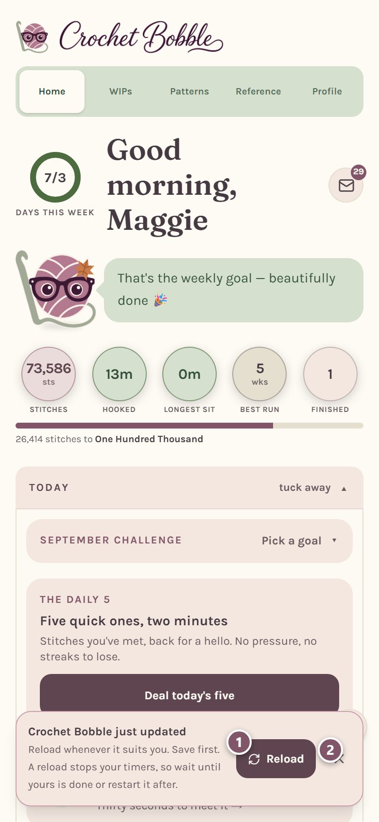The Crochet Bobble just updated card, with the Reload button marked 1 and the close button marked 2 (on a phone)