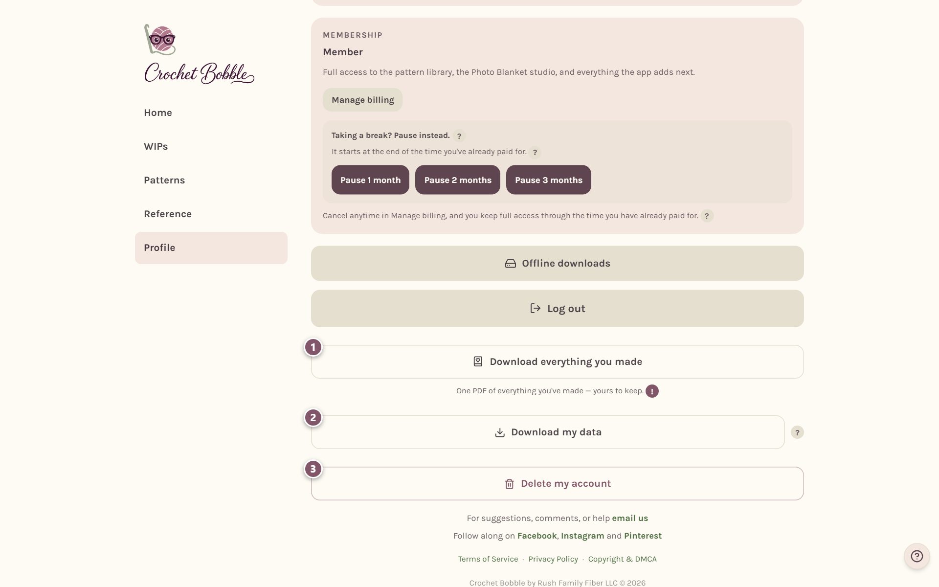The bottom of Profile: 1 Download everything you made, 2 Download my data, 3 Delete my account (on a computer)
