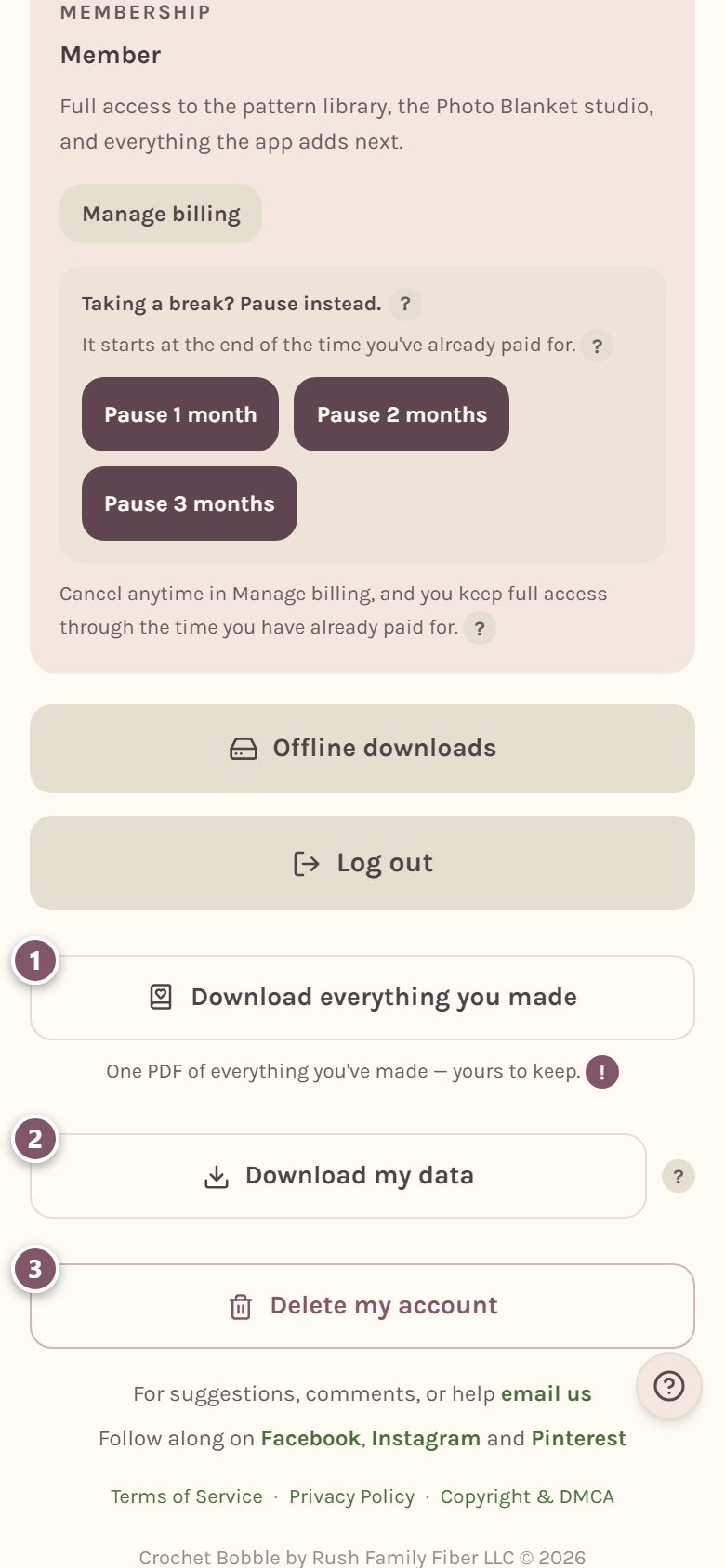 The bottom of Profile: 1 Download everything you made, 2 Download my data, 3 Delete my account (on a phone)