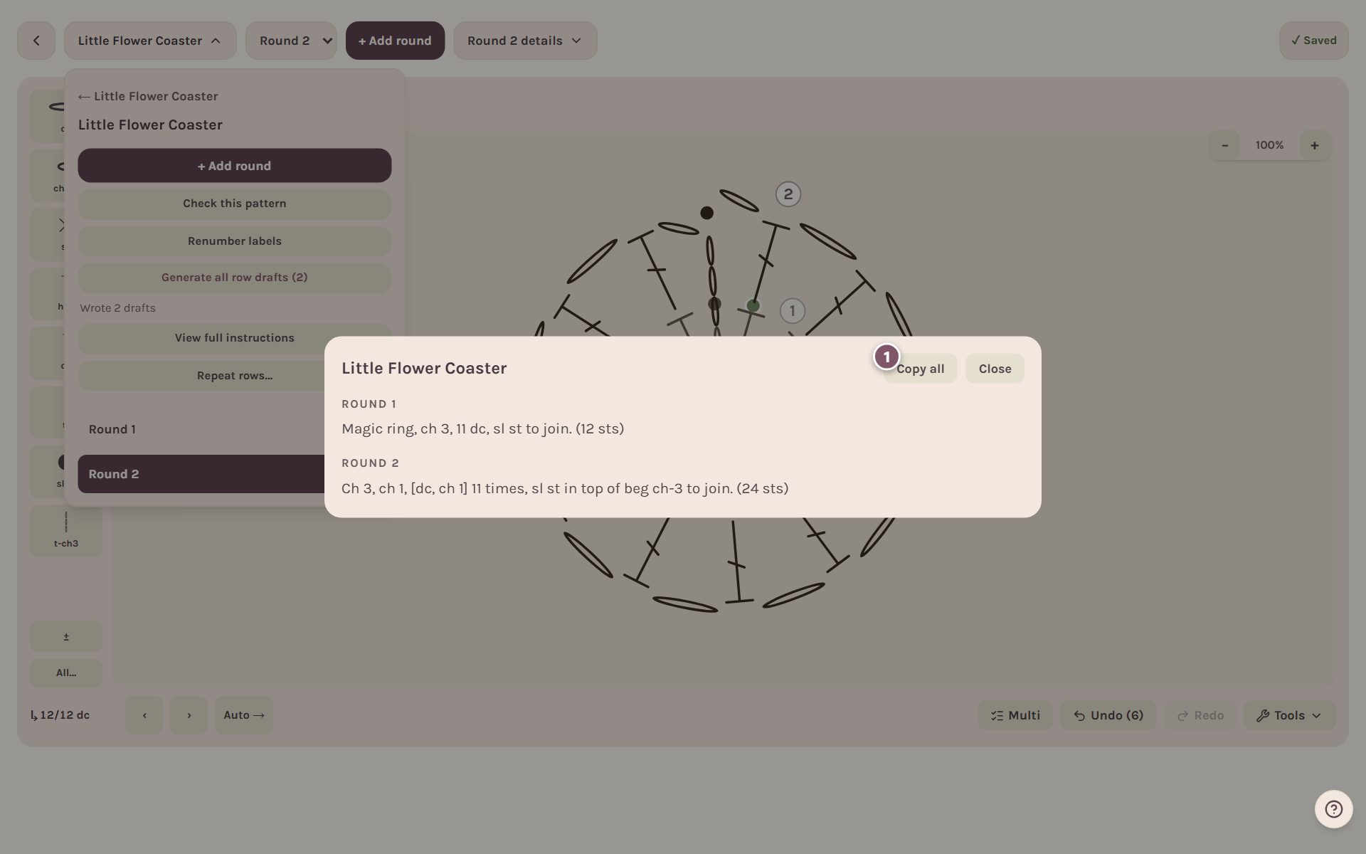 The full instructions for the Little Flower Coaster, with Copy all marked 1 (on a computer)