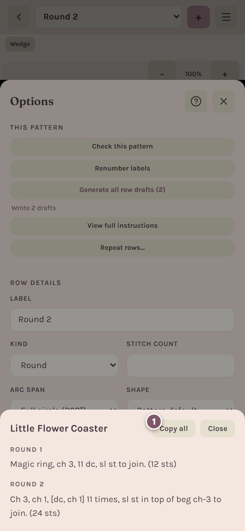 The full instructions for the Little Flower Coaster, with Copy all marked 1 (on a phone)