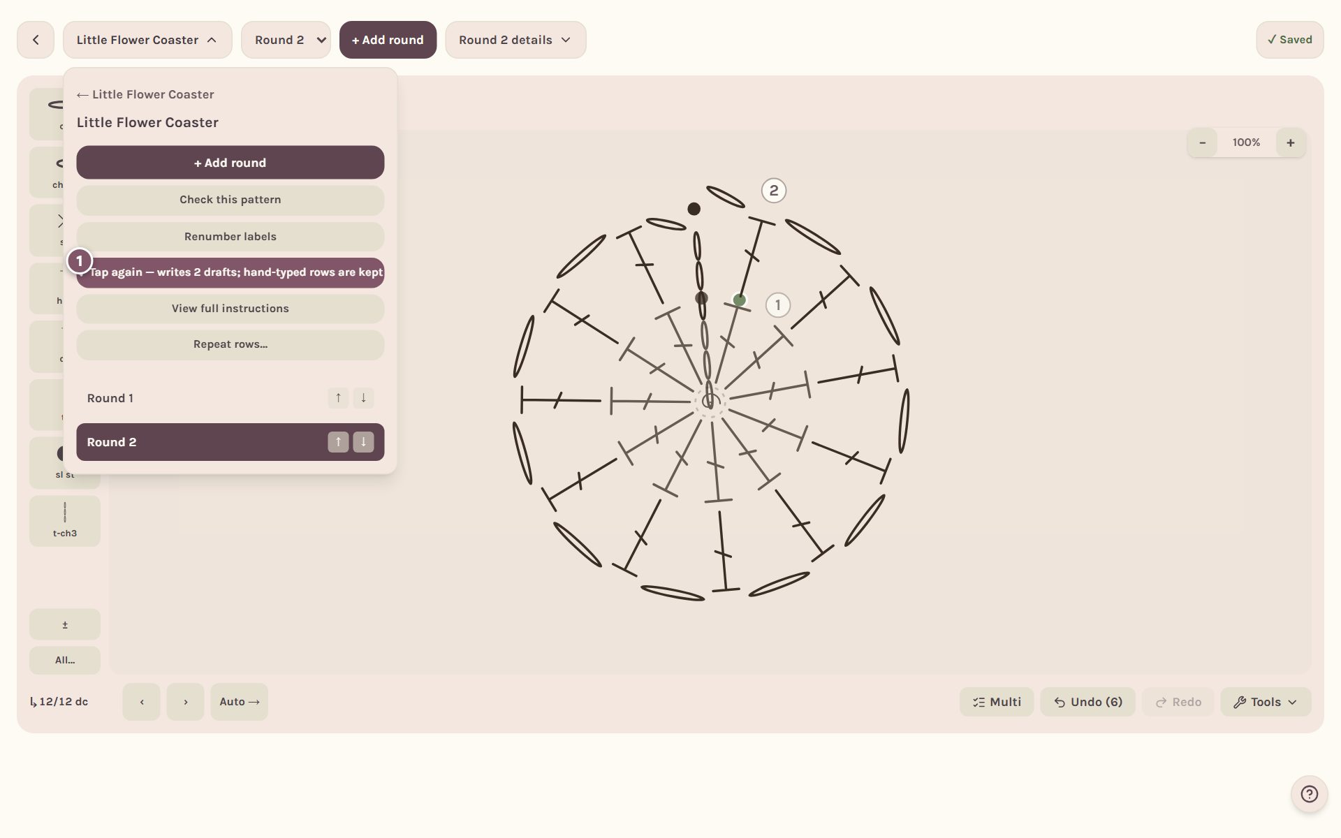 The Generate all row drafts button asking to be tapped again, marked 1 (on a computer)
