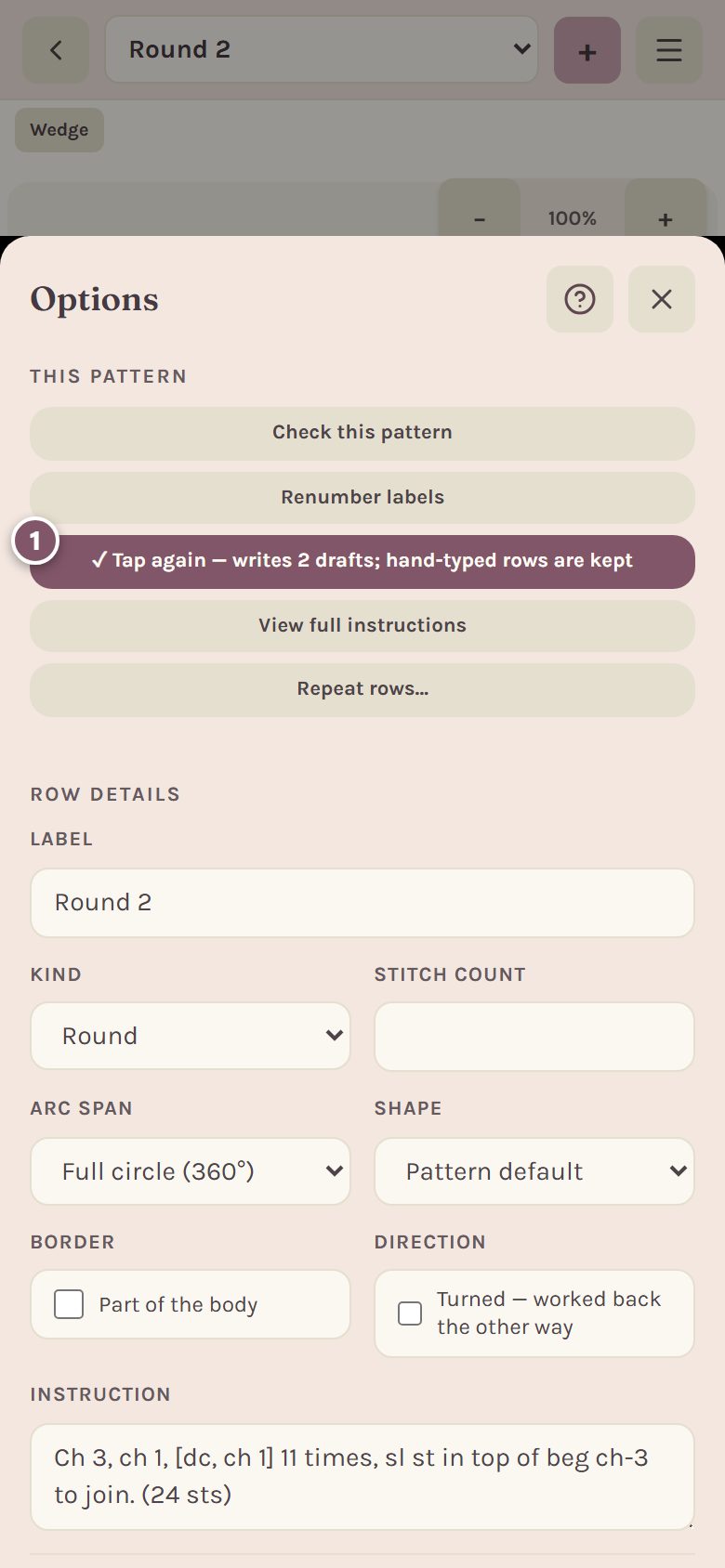 The Generate all row drafts button asking to be tapped again, marked 1 (on a phone)