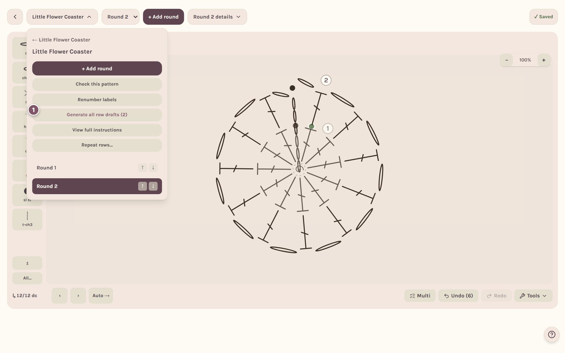 The pattern's actions with Generate all row drafts marked 1 (on a computer)