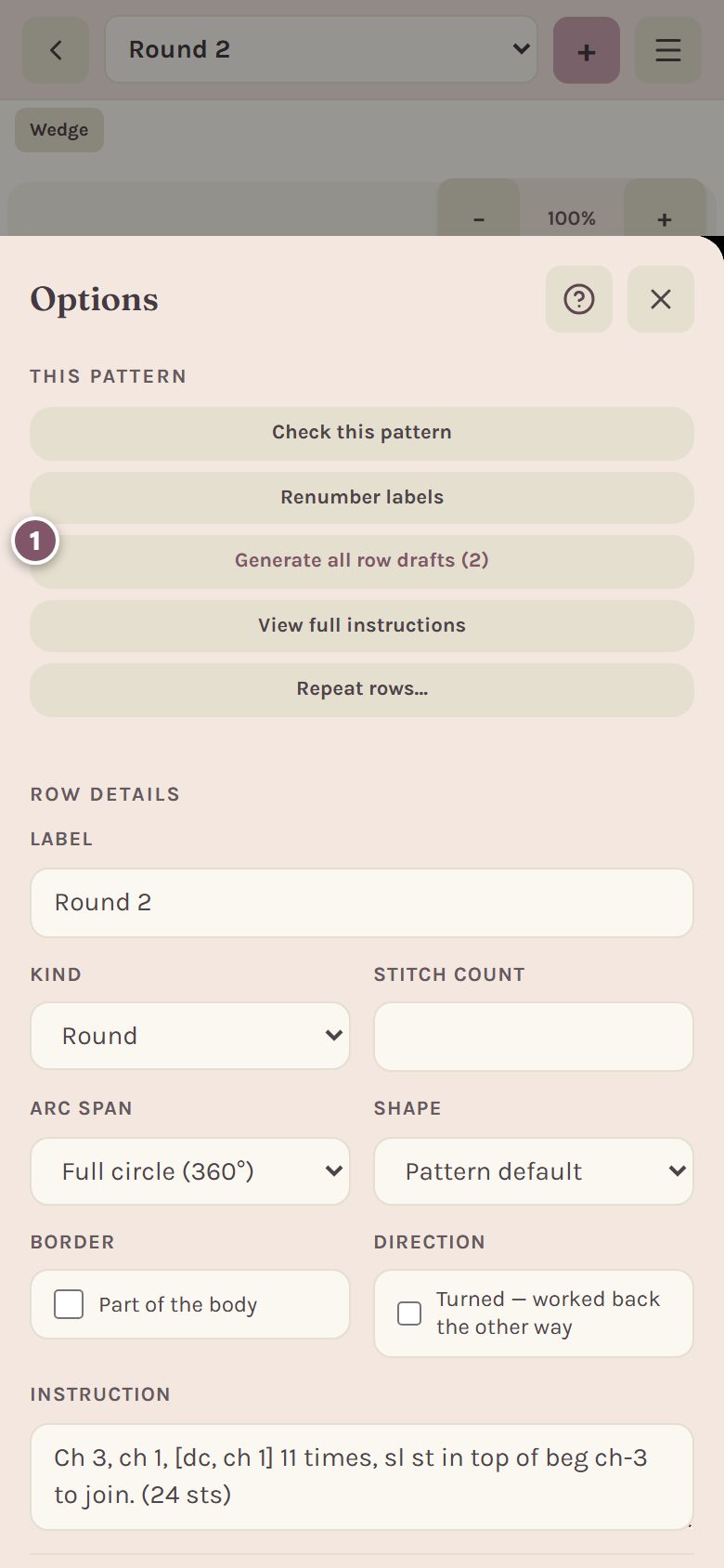 The pattern's actions with Generate all row drafts marked 1 (on a phone)
