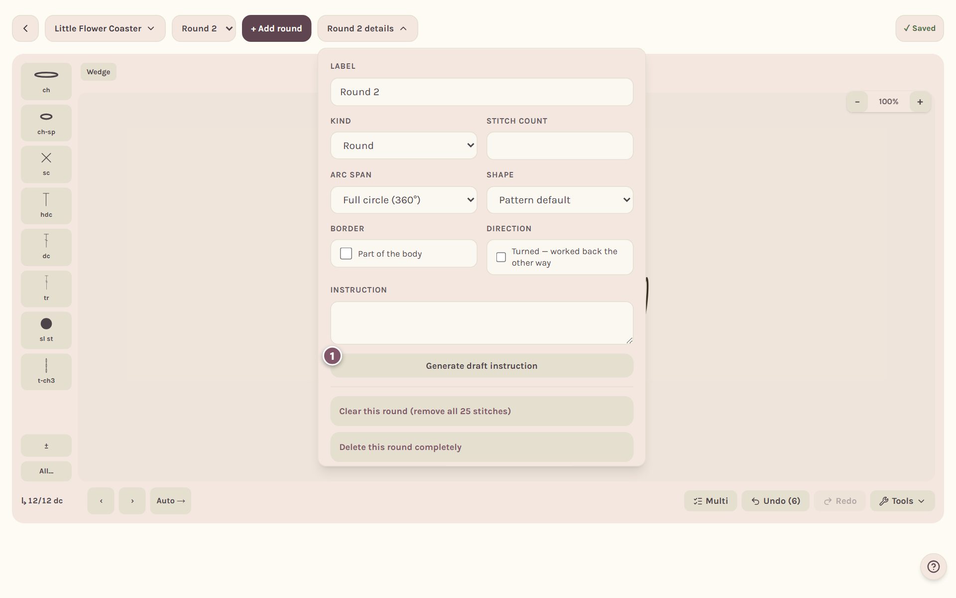 The round's details with the Generate draft instruction button marked 1 (on a computer)