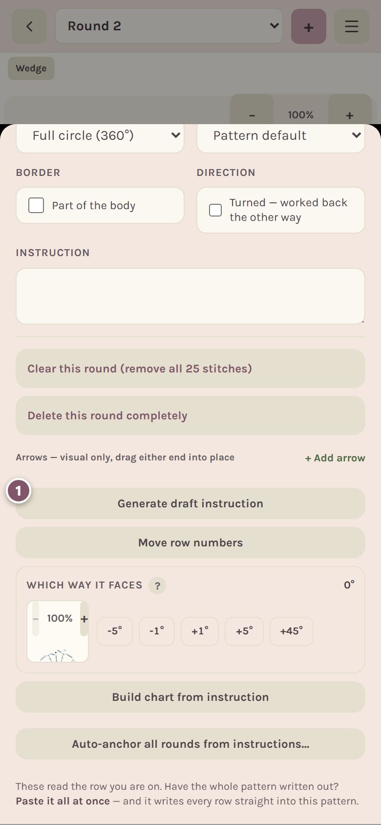 The round's details with the Generate draft instruction button marked 1 (on a phone)