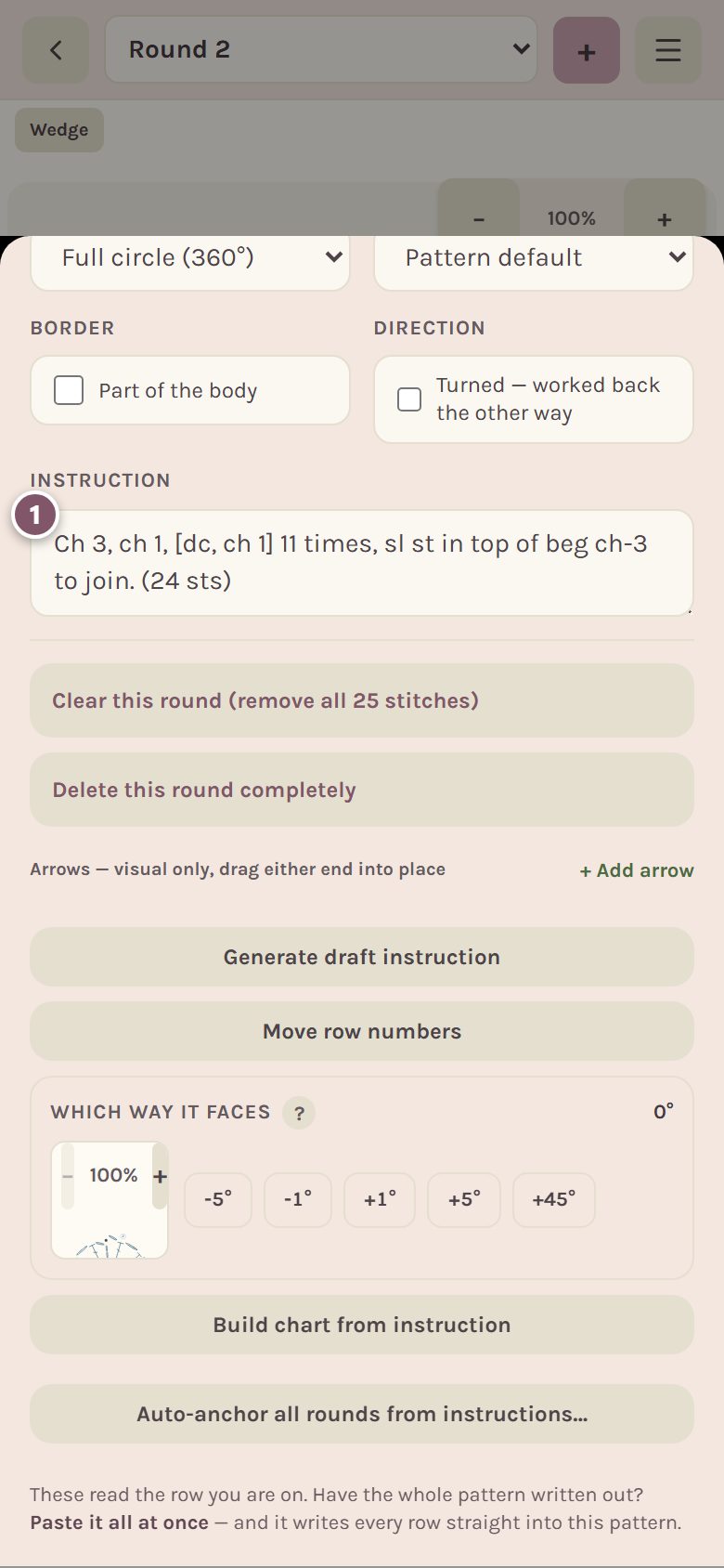 The Instruction box holding the drafted words for Round 2, marked 1 (on a phone)