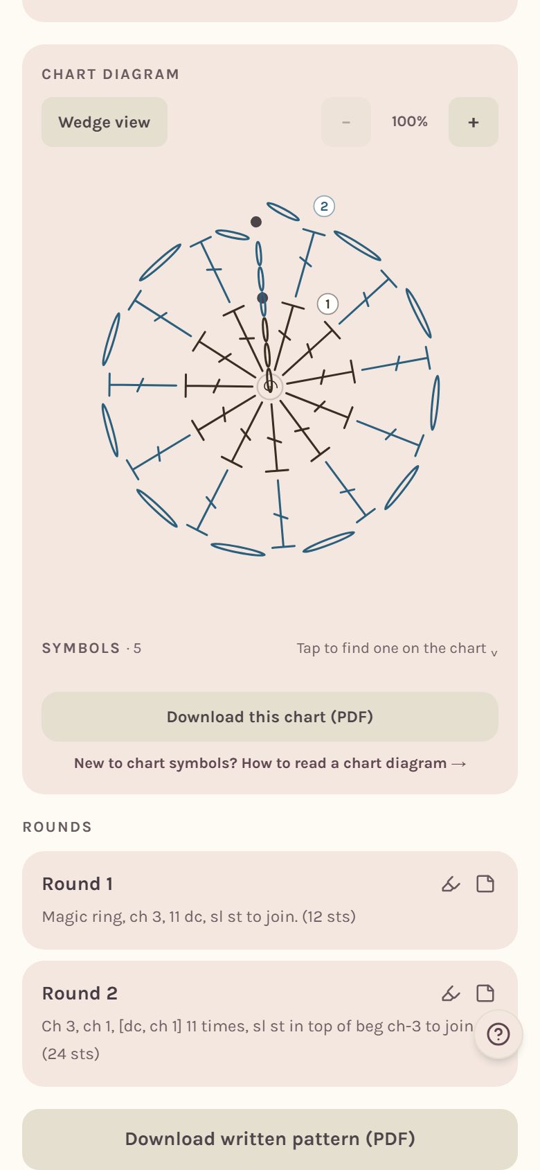 The Little Flower Coaster's pattern page with the chart diagram and the written rounds (on a phone)