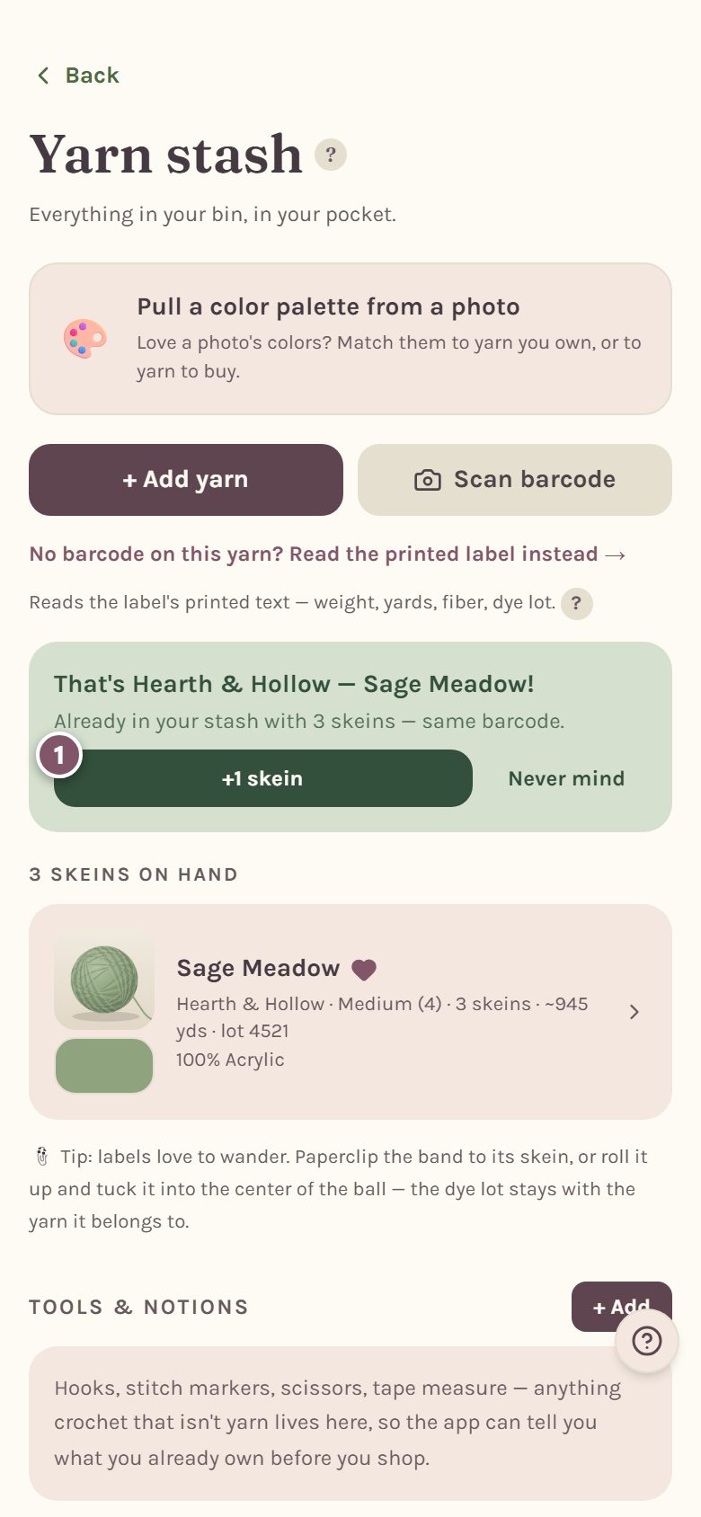 That's Hearth & Hollow, Sage Meadow: already in your stash with 3 skeins, with +1 skein marked 1 (on a phone)