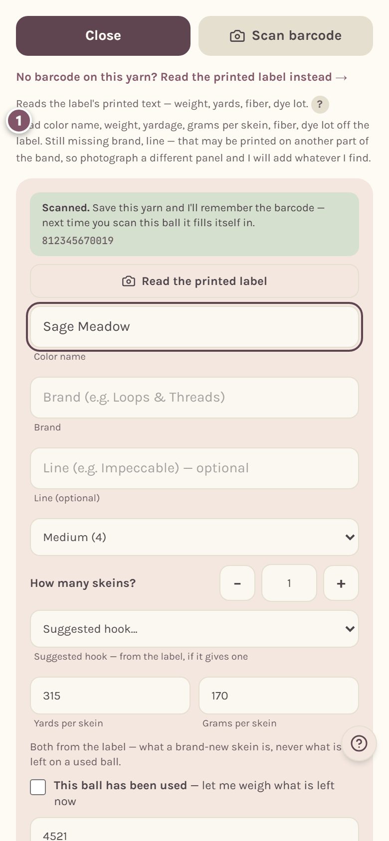 After reading a label: 1 is the note listing what was read, with the color name, weight and yardage filled in below (on a phone)