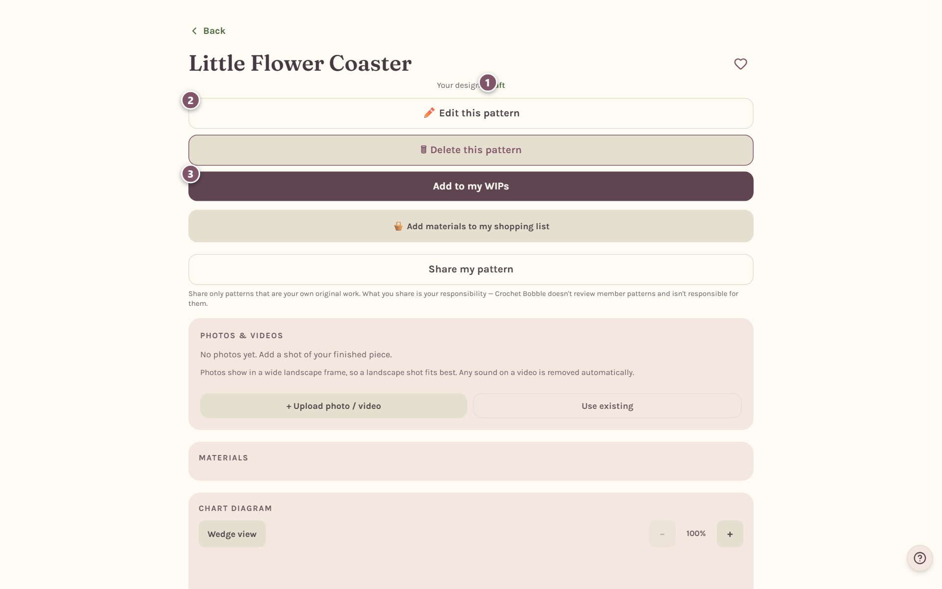 The Little Flower Coaster's page: 1 its status, 2 Edit this pattern, 3 Add to my WIPs (on a computer)