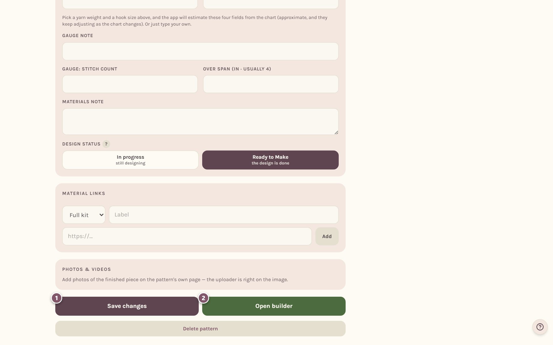 The bottom of the details page: 1 Save changes, 2 Open builder (on a computer)