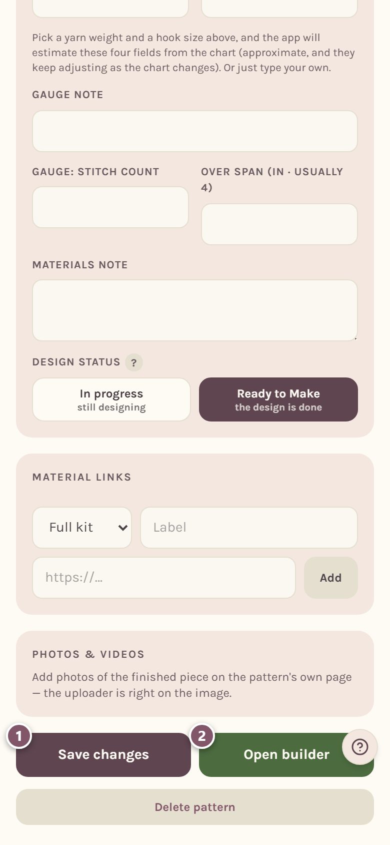 The bottom of the details page: 1 Save changes, 2 Open builder (on a phone)