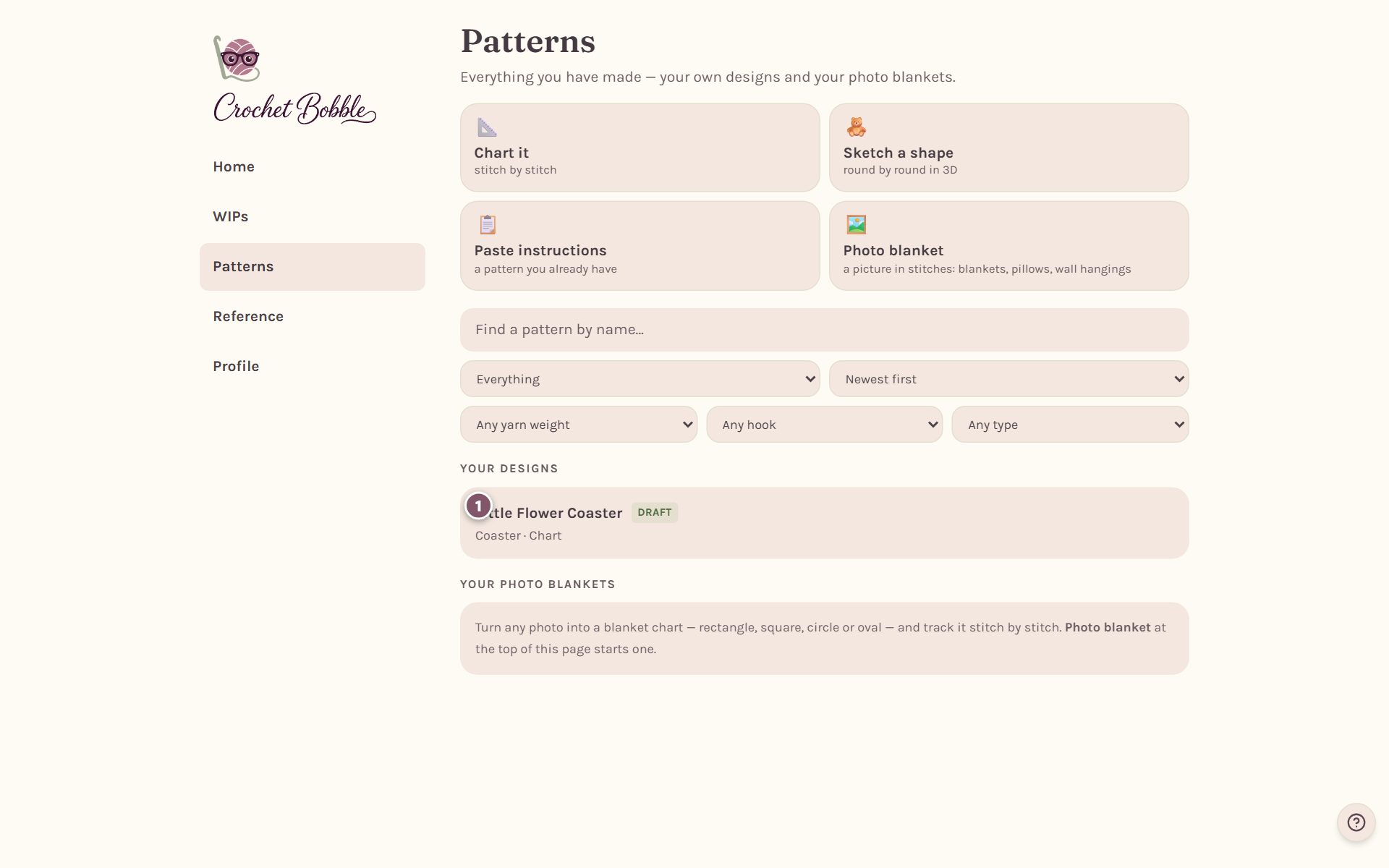 The Patterns tab with the Little Flower Coaster under Your designs, marked 1 (on a computer)