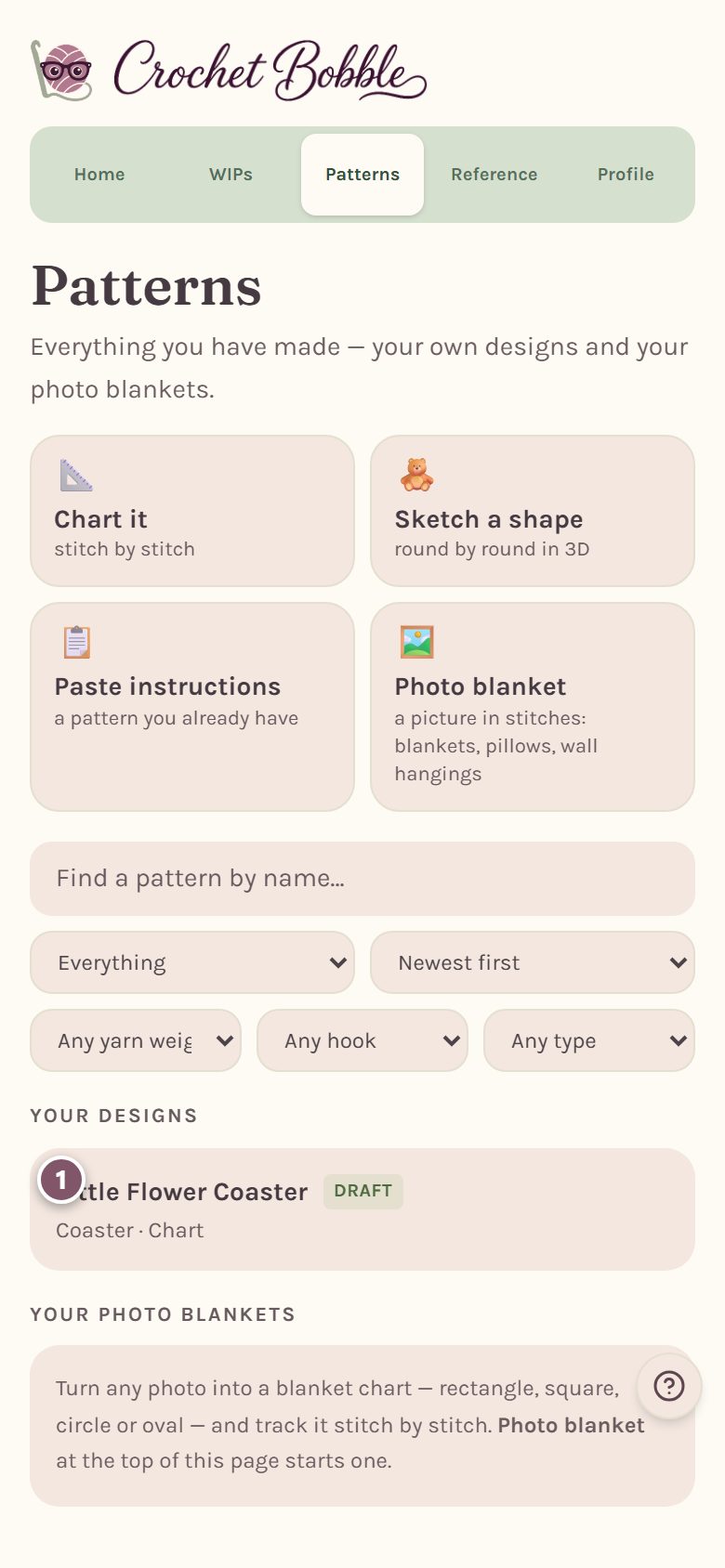 The Patterns tab with the Little Flower Coaster under Your designs, marked 1 (on a phone)